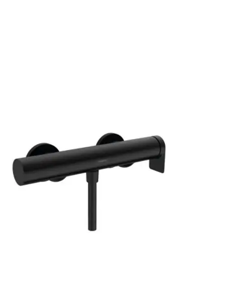 Hansgrohe Brausemischer in mattschwarz mit runder, schlanker Form und zwei Bedienelementen, montiert auf einer glatten Wand.